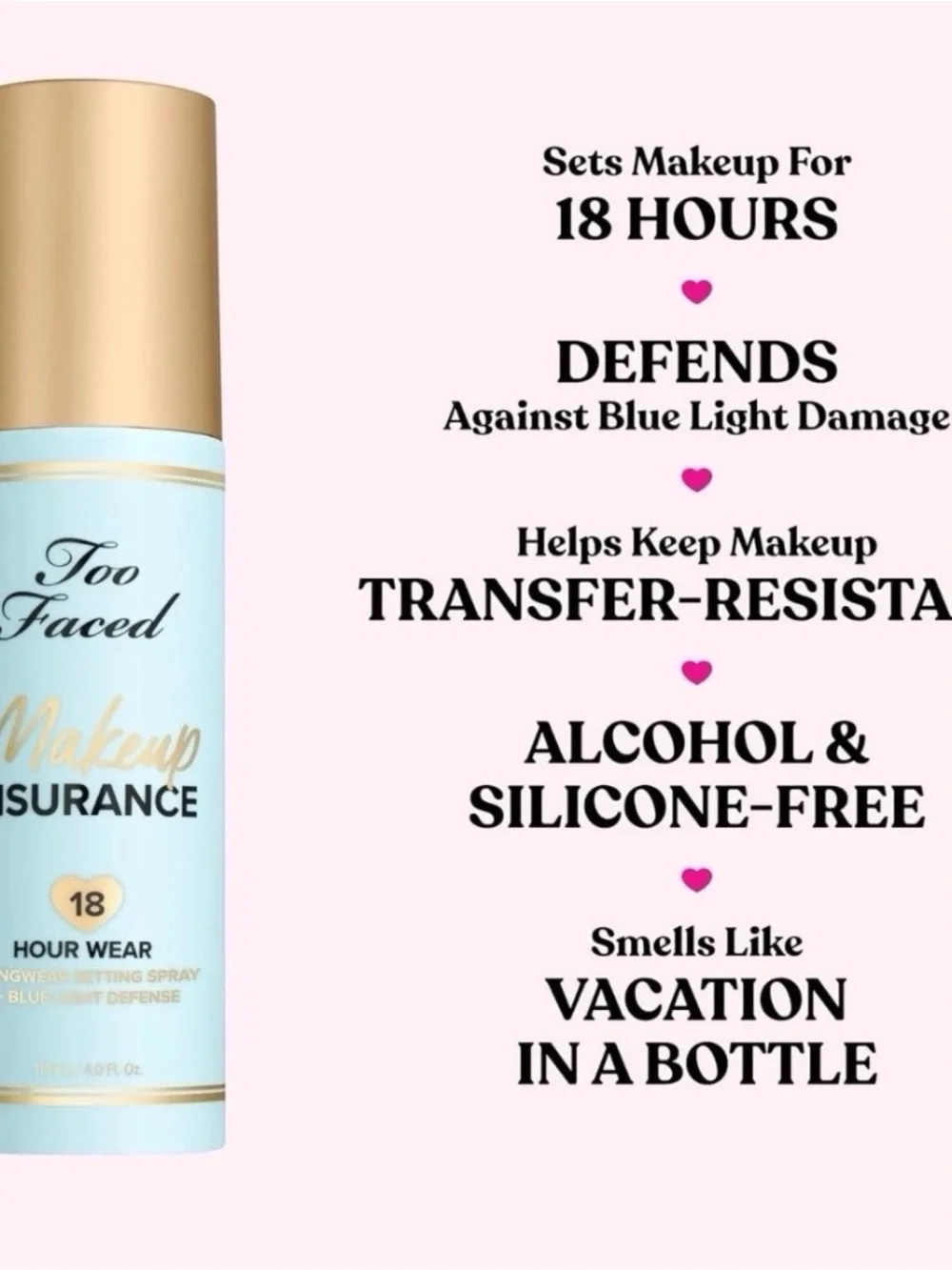 Too Faced Makeup Insurance Setting Spray +Blue Light Defense 4oz/118ml New Boxed
